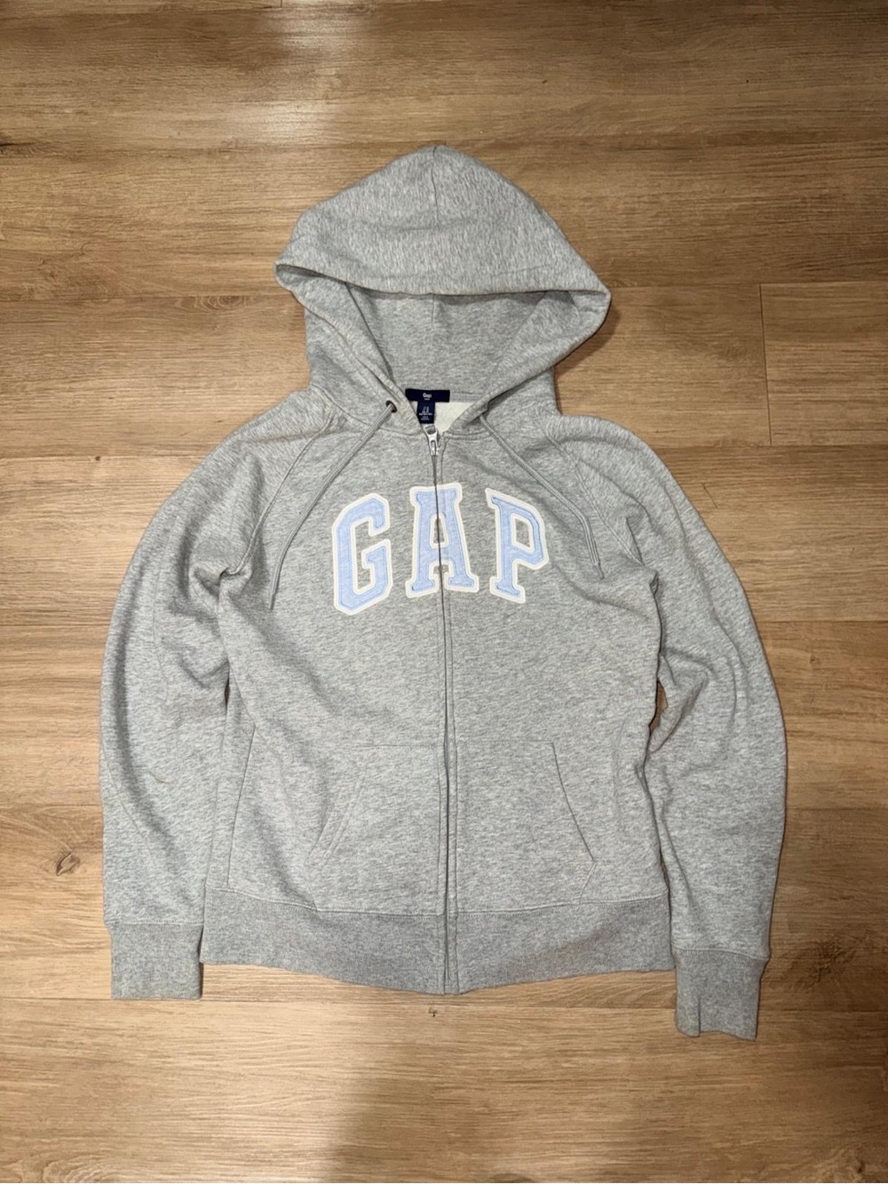 GAP Heather Gray Full-Zip Hoodie with White & Light Blue Logo